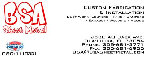 bsa sheet metal inc|B . S . A . SHEET METAL INC . in Opa Locka, FL .